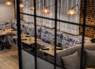Seats in a bar and a glass wall