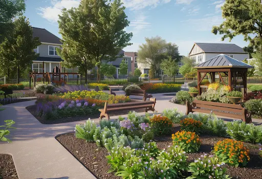 Big garden with flowers and other plants